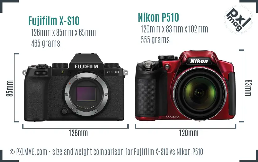 Fujifilm X-S10 vs Nikon P510 size comparison Fujifilm X-S10 vs Nikon P510 size comparison