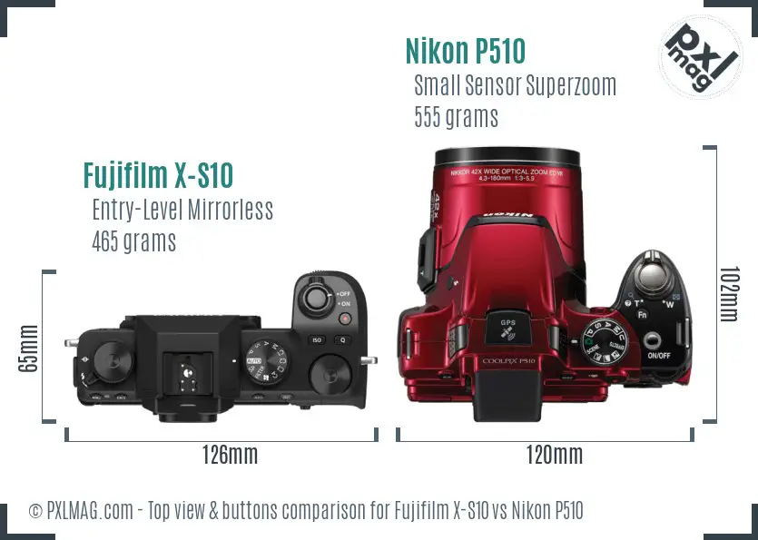 Fujifilm X-S10 vs Nikon P510 top view buttons comparison Fujifilm X-S10 vs Nikon P510 top view buttons comparison
