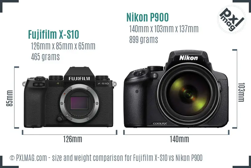Fujifilm X-S10 vs Nikon P900 size comparison Fujifilm X-S10 vs Nikon P900 size comparison