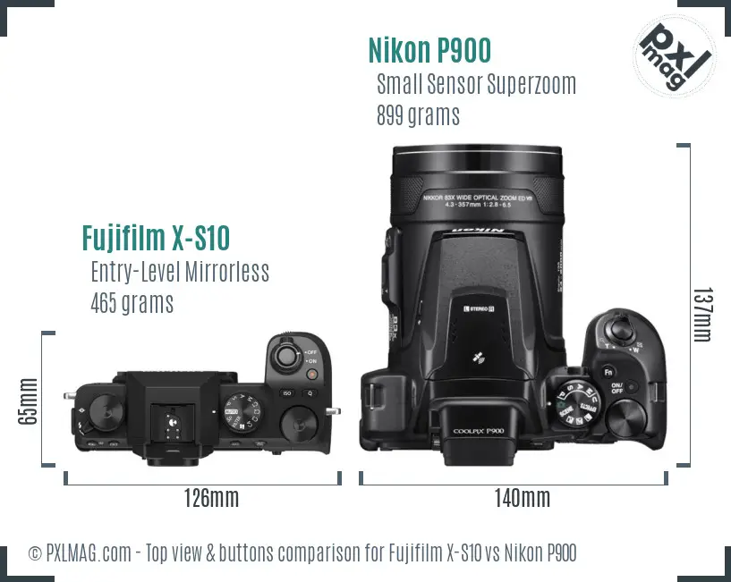 Fujifilm X-S10 vs Nikon P900 top view buttons comparison Fujifilm X-S10 vs Nikon P900 top view buttons comparison