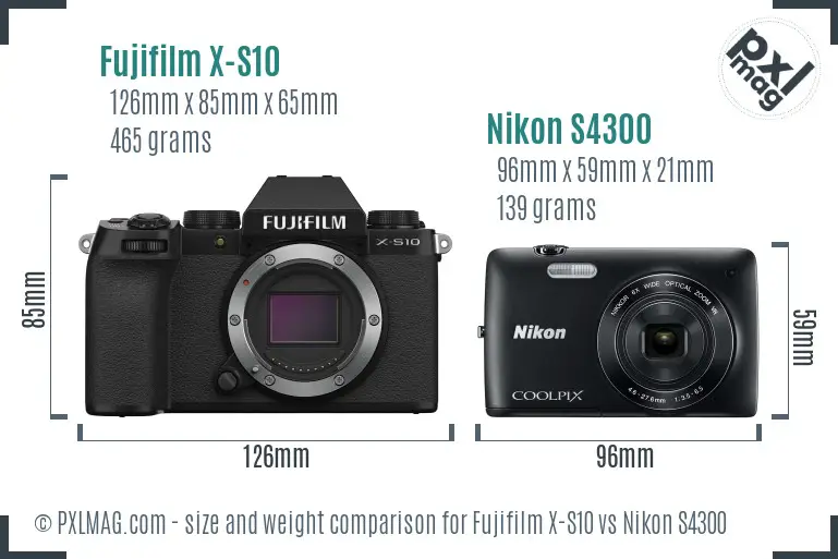 Fujifilm X-S10 vs Nikon S4300 size comparison