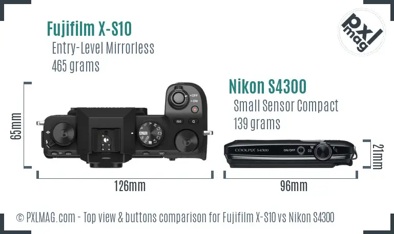 Fujifilm X-S10 vs Nikon S4300 top view buttons comparison