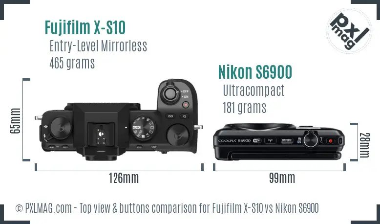 Fujifilm X-S10 vs Nikon S6900 top view buttons comparison