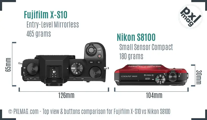 Fujifilm X-S10 vs Nikon S8100 top view buttons comparison