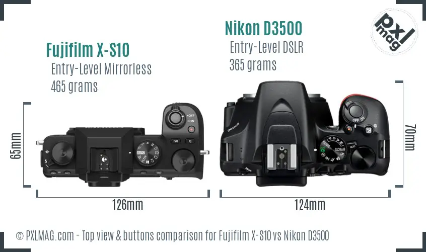 Fujifilm X-S10 vs Nikon D3500 top view buttons comparison