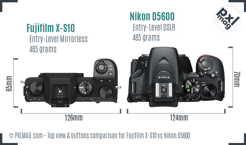 Fujifilm X-S10 vs Nikon D5600 top view buttons comparison
