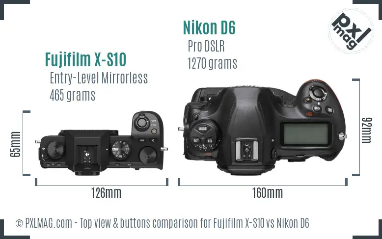 Fujifilm X-S10 vs Nikon D6 top view buttons comparison