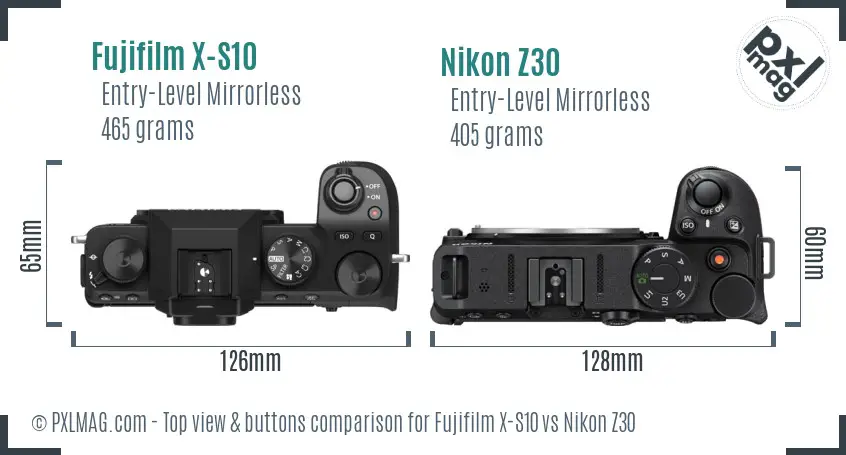 Fujifilm X-S10 vs Nikon Z30 top view buttons comparison