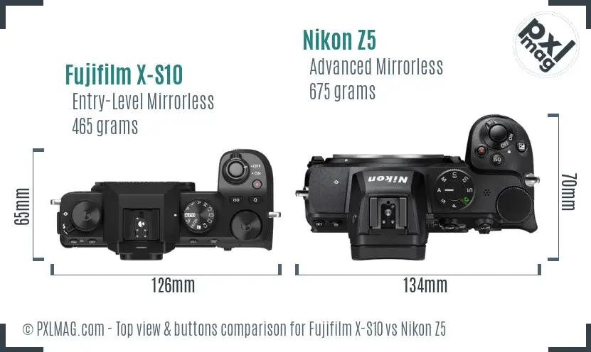 Fujifilm X-S10 vs Nikon Z5 top view buttons comparison