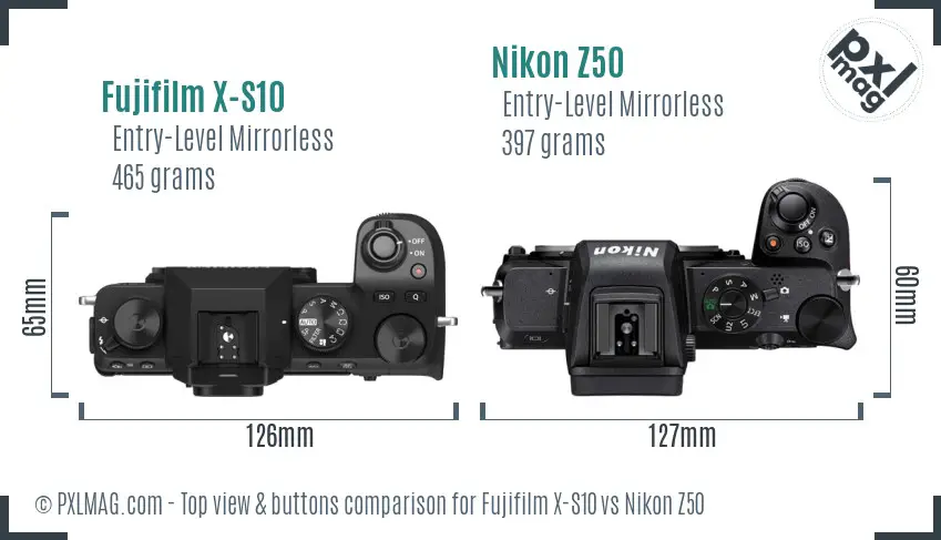 Fujifilm X-S10 vs Nikon Z50 top view buttons comparison