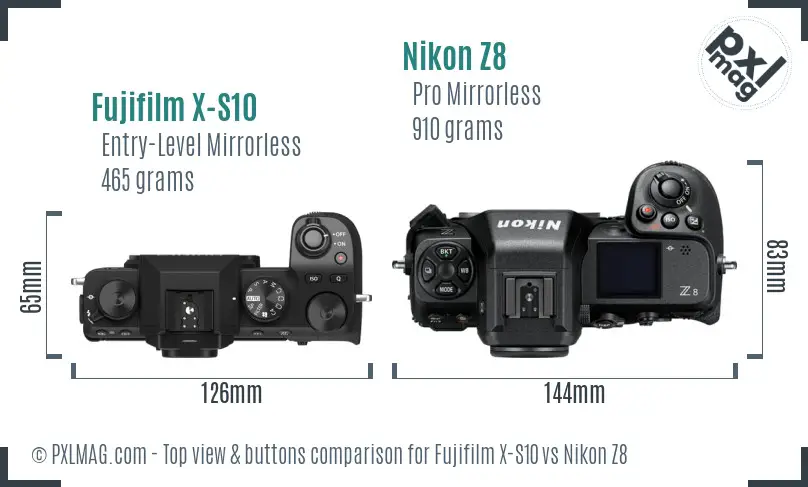 Fujifilm X-S10 vs Nikon Z8 top view buttons comparison Fujifilm X-S10 vs Nikon Z8 top view buttons comparison