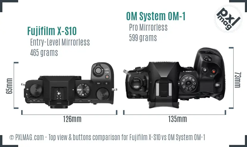 Fujifilm X-S10 vs OM System OM-1 top view buttons comparison