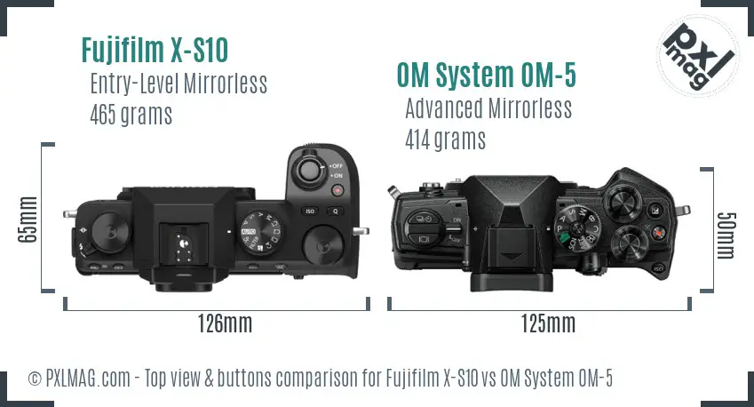 Fujifilm X-S10 vs OM System OM-5 top view buttons comparison