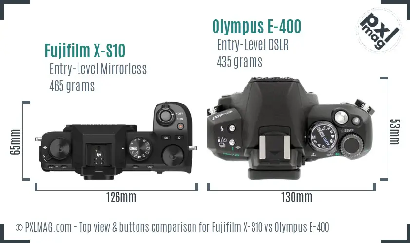 Fujifilm X-S10 vs Olympus E-400 top view buttons comparison