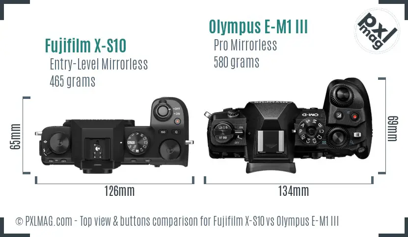 Fujifilm X-S10 vs Olympus E-M1 III top view buttons comparison