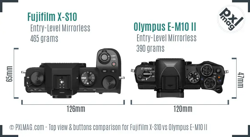 Fujifilm X-S10 vs Olympus E-M10 II top view buttons comparison