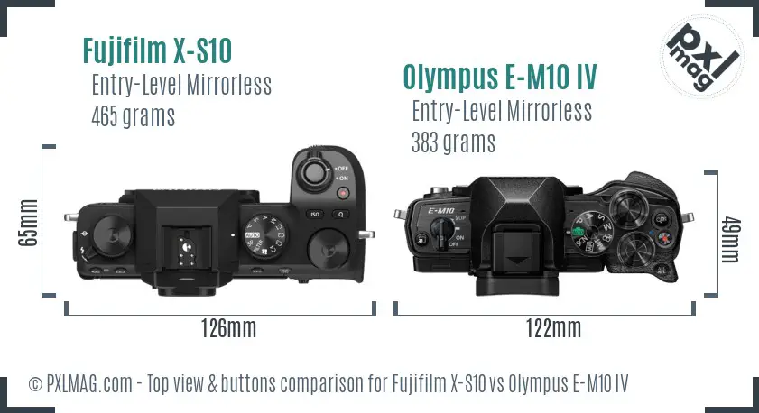 Fujifilm X-S10 vs Olympus E-M10 IV top view buttons comparison