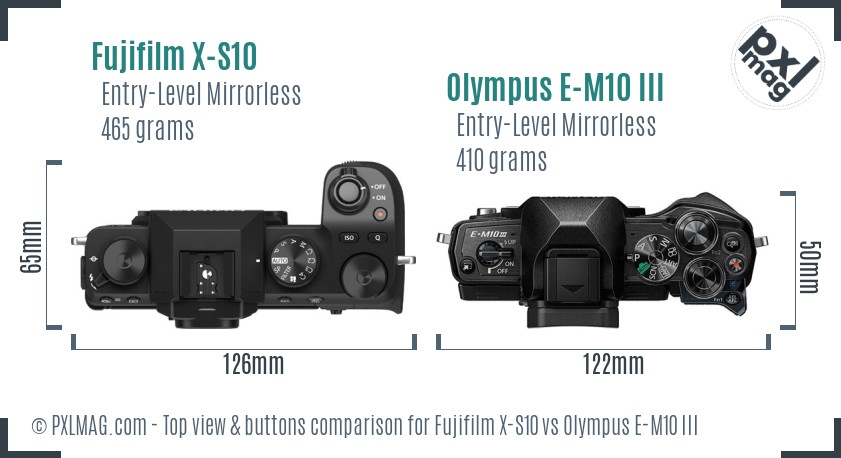 Fujifilm X-S10 vs Olympus E-M10 III top view buttons comparison