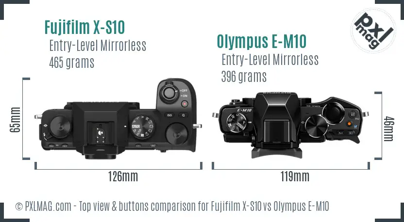 Fujifilm X-S10 vs Olympus E-M10 top view buttons comparison