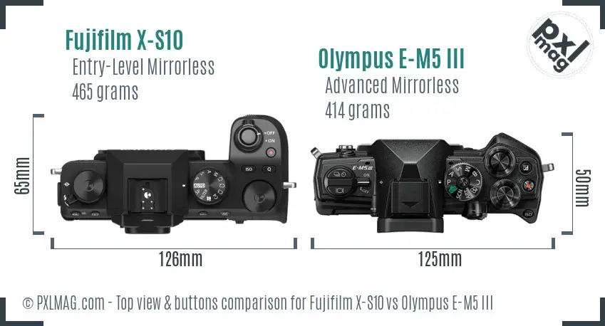 Fujifilm X-S10 vs Olympus E-M5 III top view buttons comparison