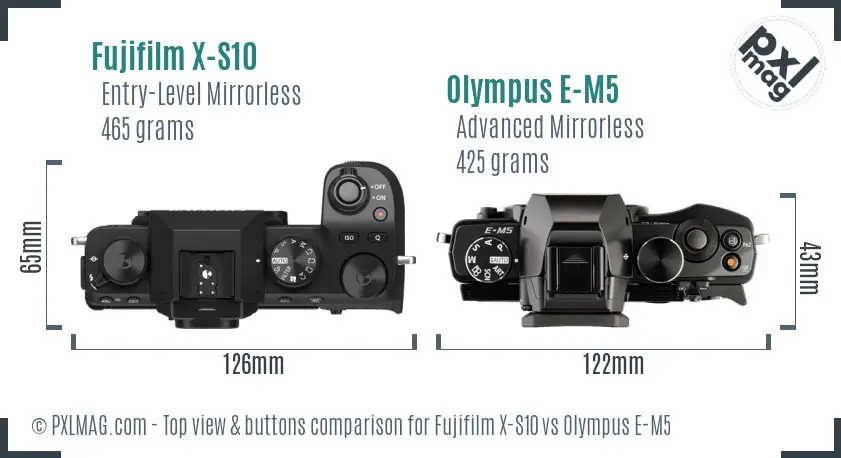 Fujifilm X-S10 vs Olympus E-M5 top view buttons comparison