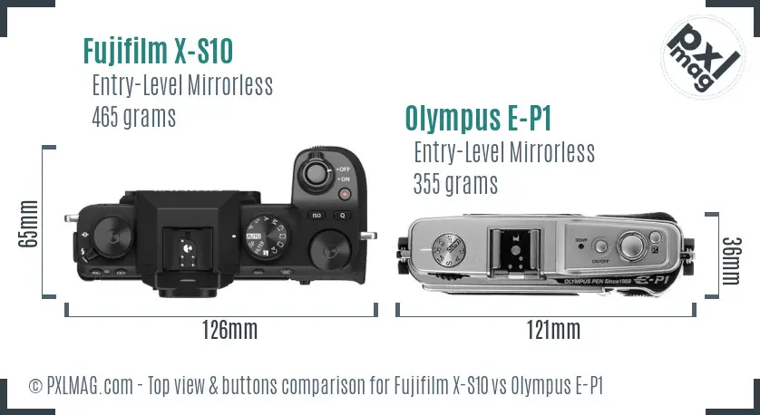 Fujifilm X-S10 vs Olympus E-P1 top view buttons comparison