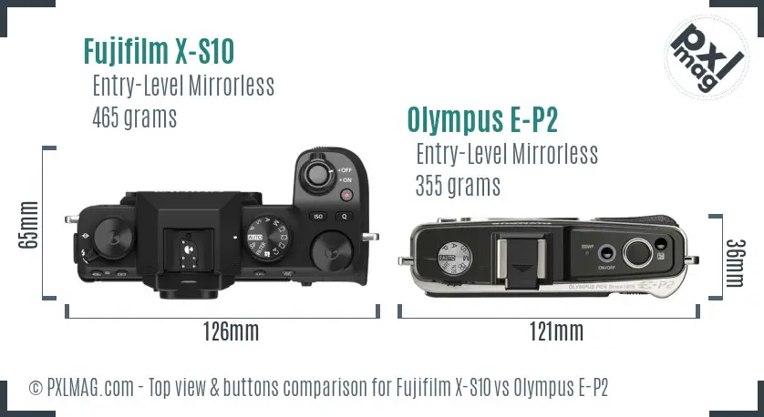 Fujifilm X-S10 vs Olympus E-P2 top view buttons comparison
