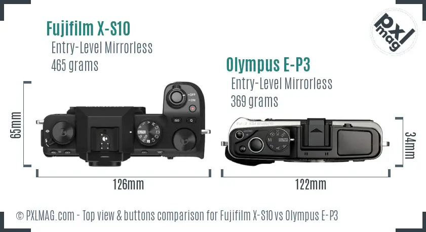 Fujifilm X-S10 vs Olympus E-P3 top view buttons comparison