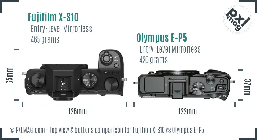 Fujifilm X-S10 vs Olympus E-P5 top view buttons comparison