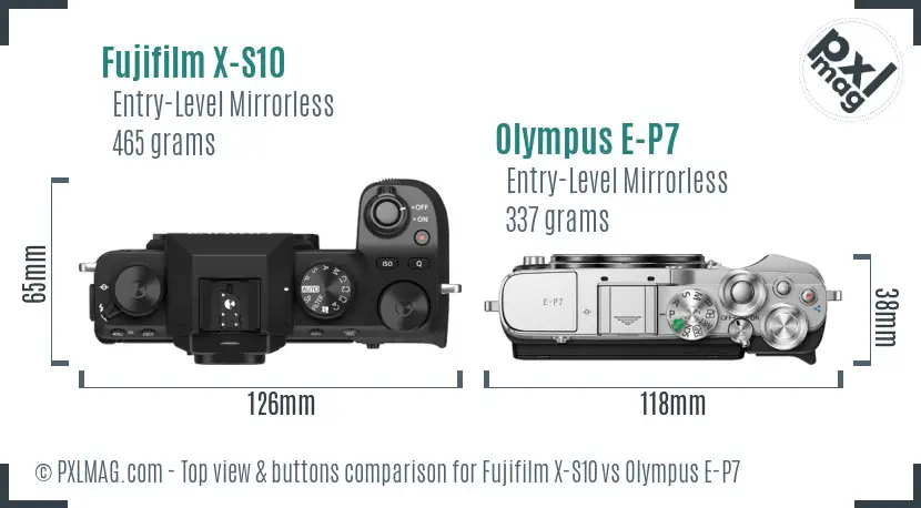 Fujifilm X-S10 vs Olympus E-P7 top view buttons comparison