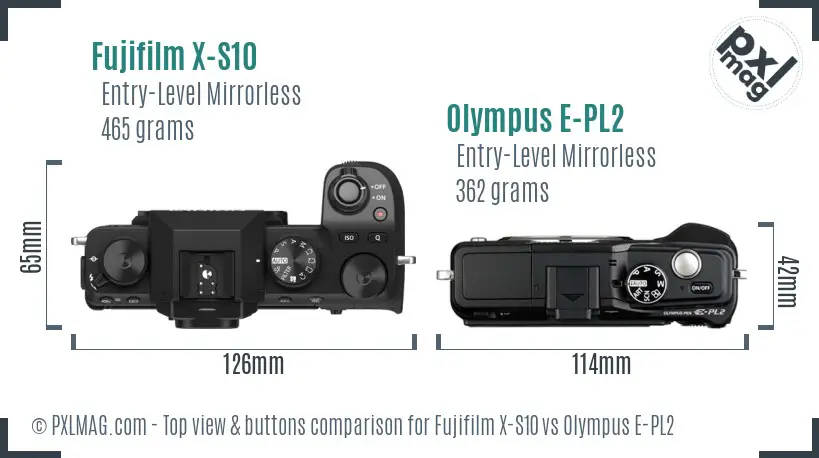 Fujifilm X-S10 vs Olympus E-PL2 top view buttons comparison