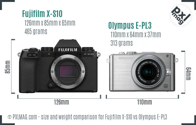 Fujifilm X-S10 vs Olympus E-PL3 size comparison