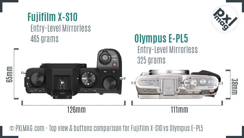 Fujifilm X-S10 vs Olympus E-PL5 top view buttons comparison