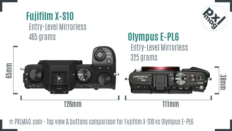 Fujifilm X-S10 vs Olympus E-PL6 top view buttons comparison