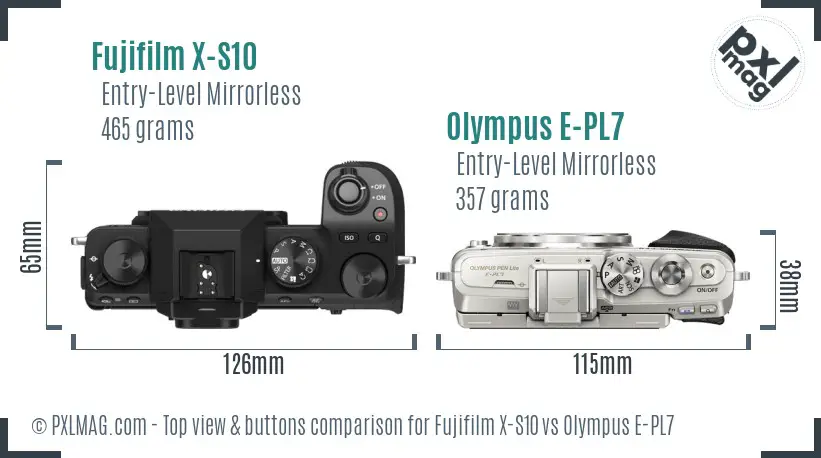 Fujifilm X-S10 vs Olympus E-PL7 top view buttons comparison