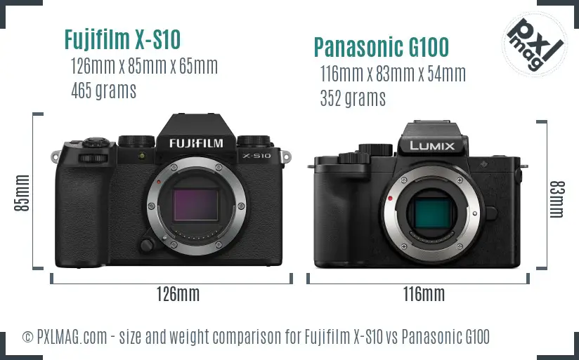 Fujifilm X-S10 vs Panasonic G100 size comparison