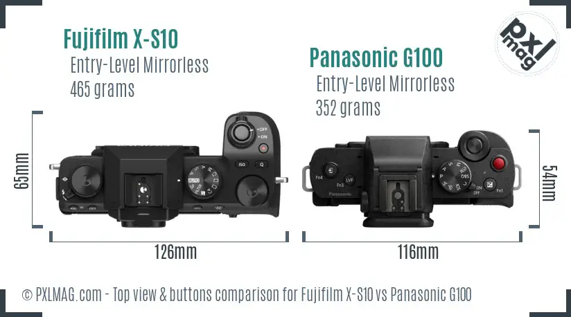 Fujifilm X-S10 vs Panasonic G100 top view buttons comparison