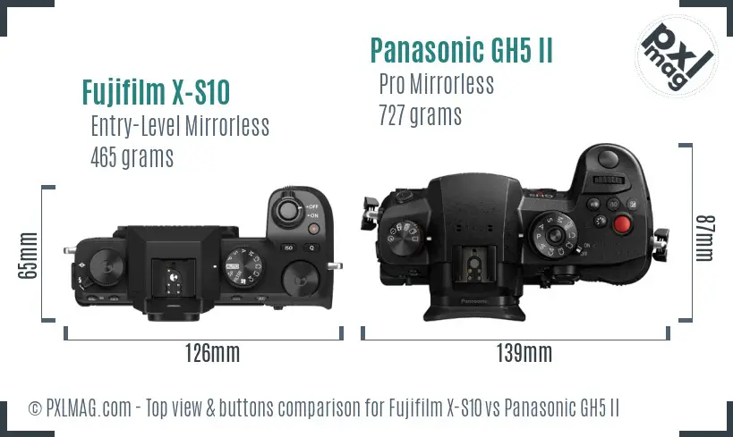 Fujifilm X-S10 vs Panasonic GH5 II top view buttons comparison