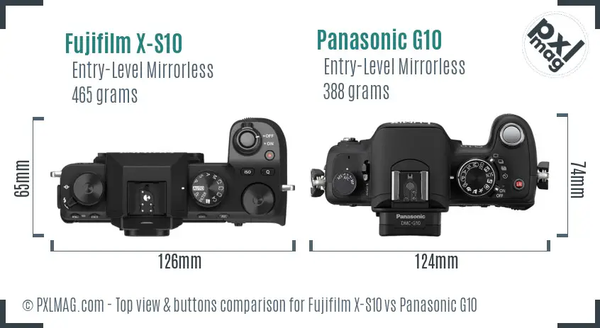 Fujifilm X-S10 vs Panasonic G10 top view buttons comparison