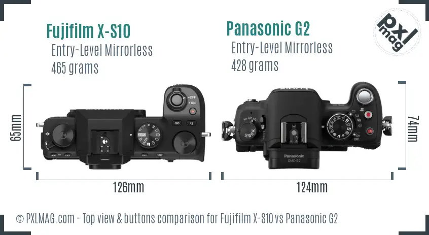 Fujifilm X-S10 vs Panasonic G2 top view buttons comparison