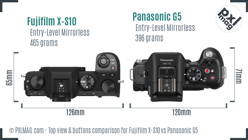 Fujifilm X-S10 vs Panasonic G5 top view buttons comparison