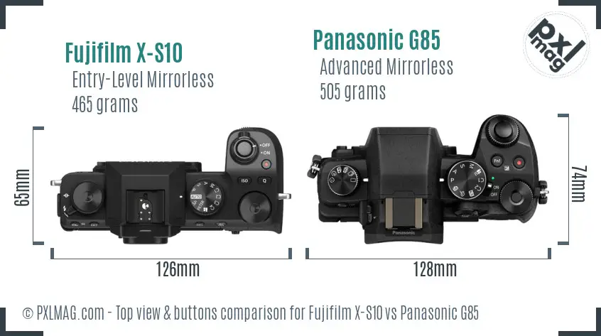 Fujifilm X-S10 vs Panasonic G85 top view buttons comparison