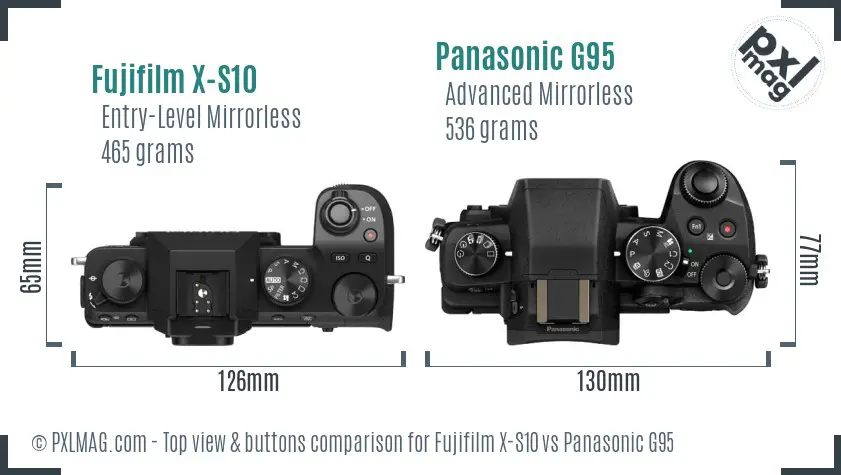 Fujifilm X-S10 vs Panasonic G95 top view buttons comparison
