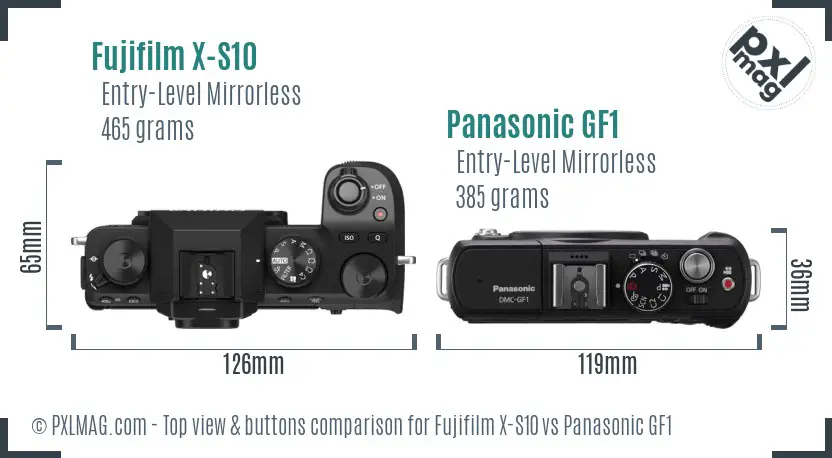 Fujifilm X-S10 vs Panasonic GF1 top view buttons comparison