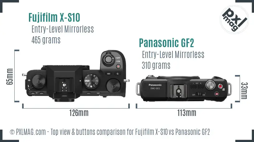 Fujifilm X-S10 vs Panasonic GF2 top view buttons comparison