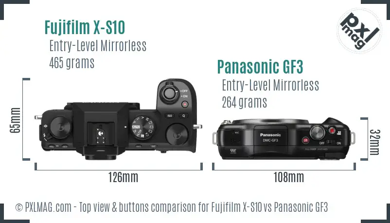 Fujifilm X-S10 vs Panasonic GF3 top view buttons comparison