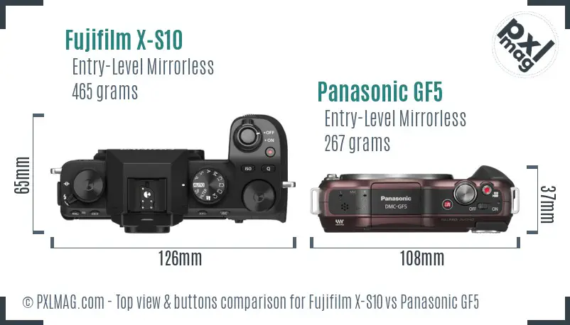 Fujifilm X-S10 vs Panasonic GF5 top view buttons comparison