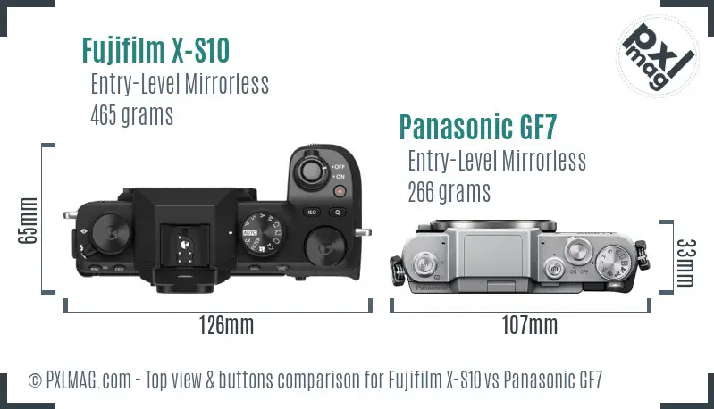 Fujifilm X-S10 vs Panasonic GF7 top view buttons comparison