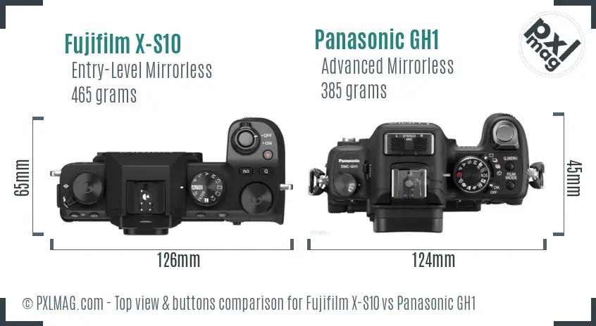 Fujifilm X-S10 vs Panasonic GH1 top view buttons comparison