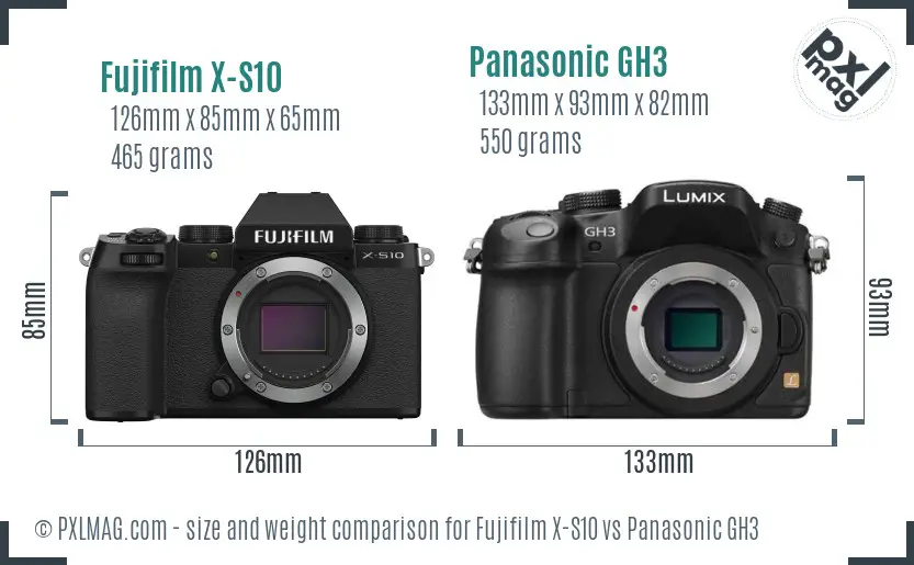 Fujifilm X-S10 vs Panasonic GH3 size comparison